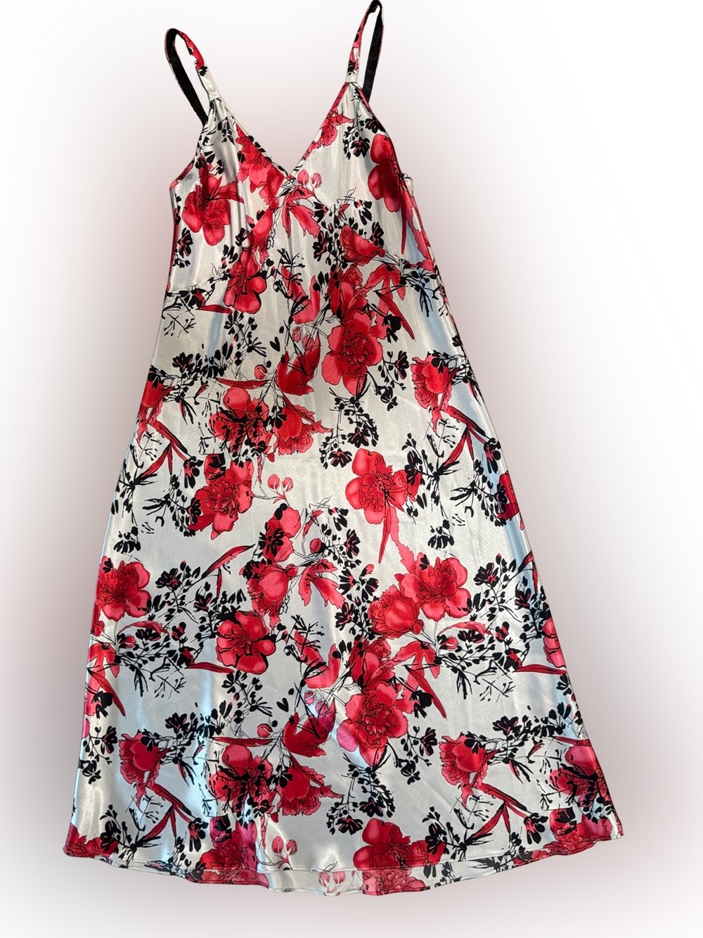 Vintage Sensata Red and Black Floral Satin Slip Dress